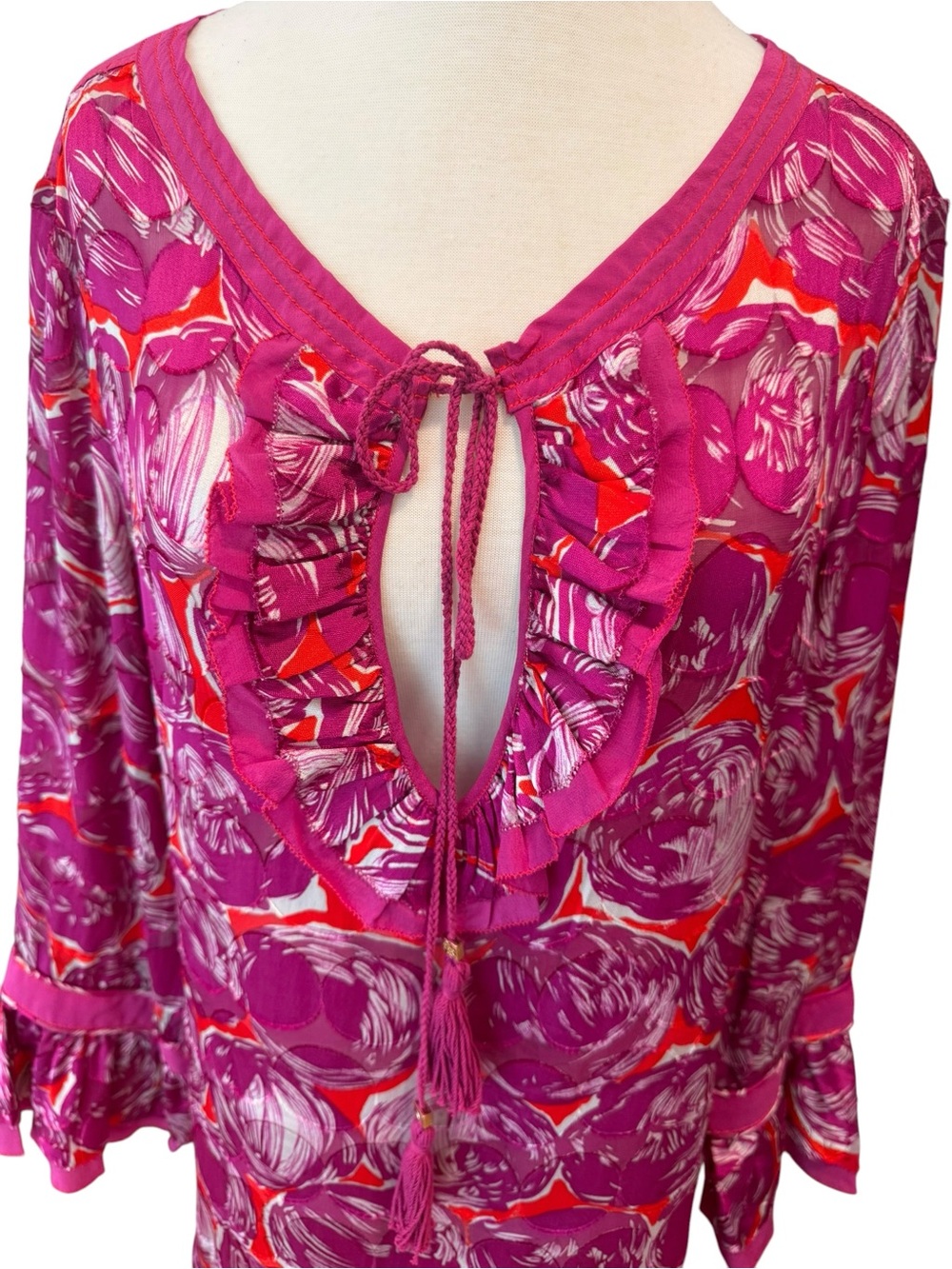 Tory Burch Gwenna Wild Orchid Silk Tunic Top Size 12 - Picture 6 of 16